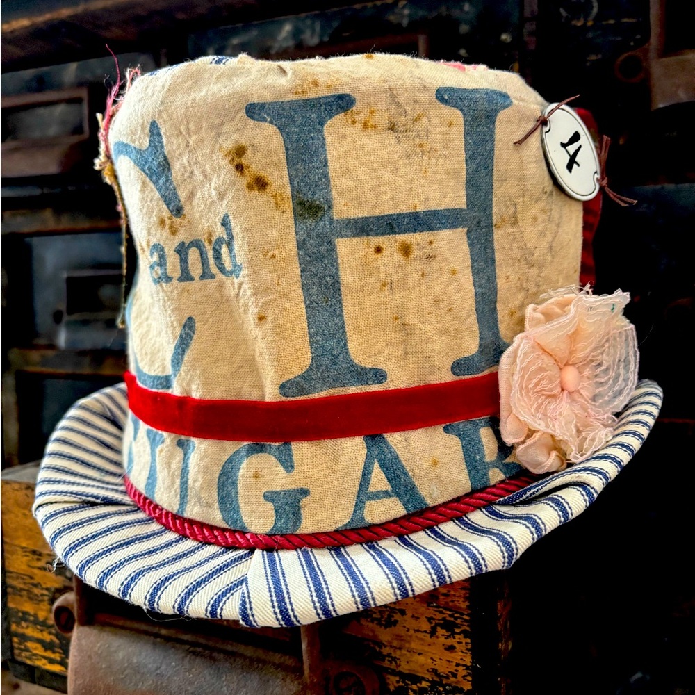 Designer Hat Shabby Chic Stovepipe Upcycled feedsack Top Hat Magnolia Style